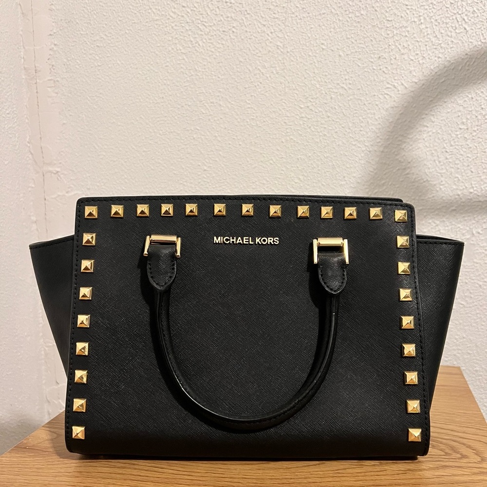 Michael Kors Black Saffiano Satchel with Gold Studs